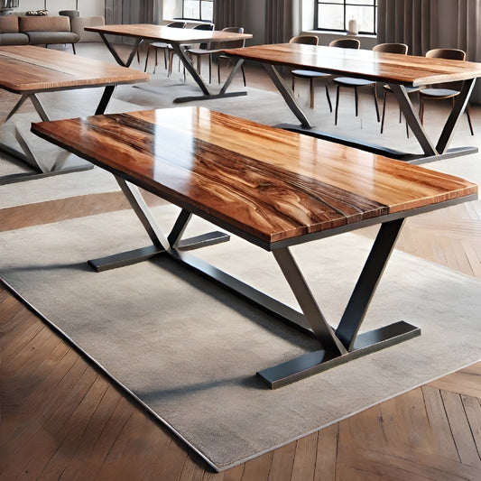 Tables by MFI with metal frames, wood and resin work