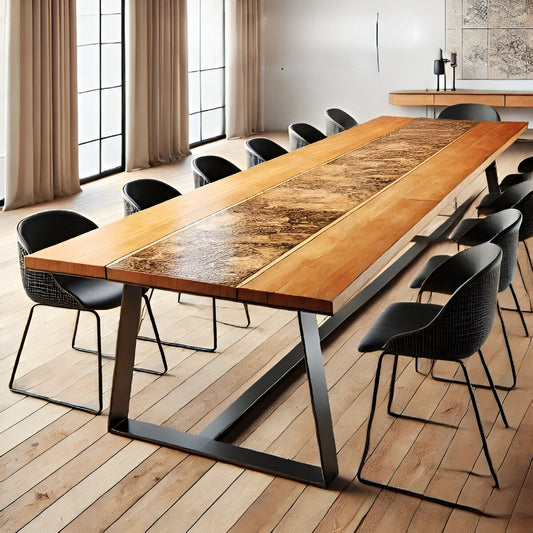 Tables by MFI with metal frames, wood and resin work