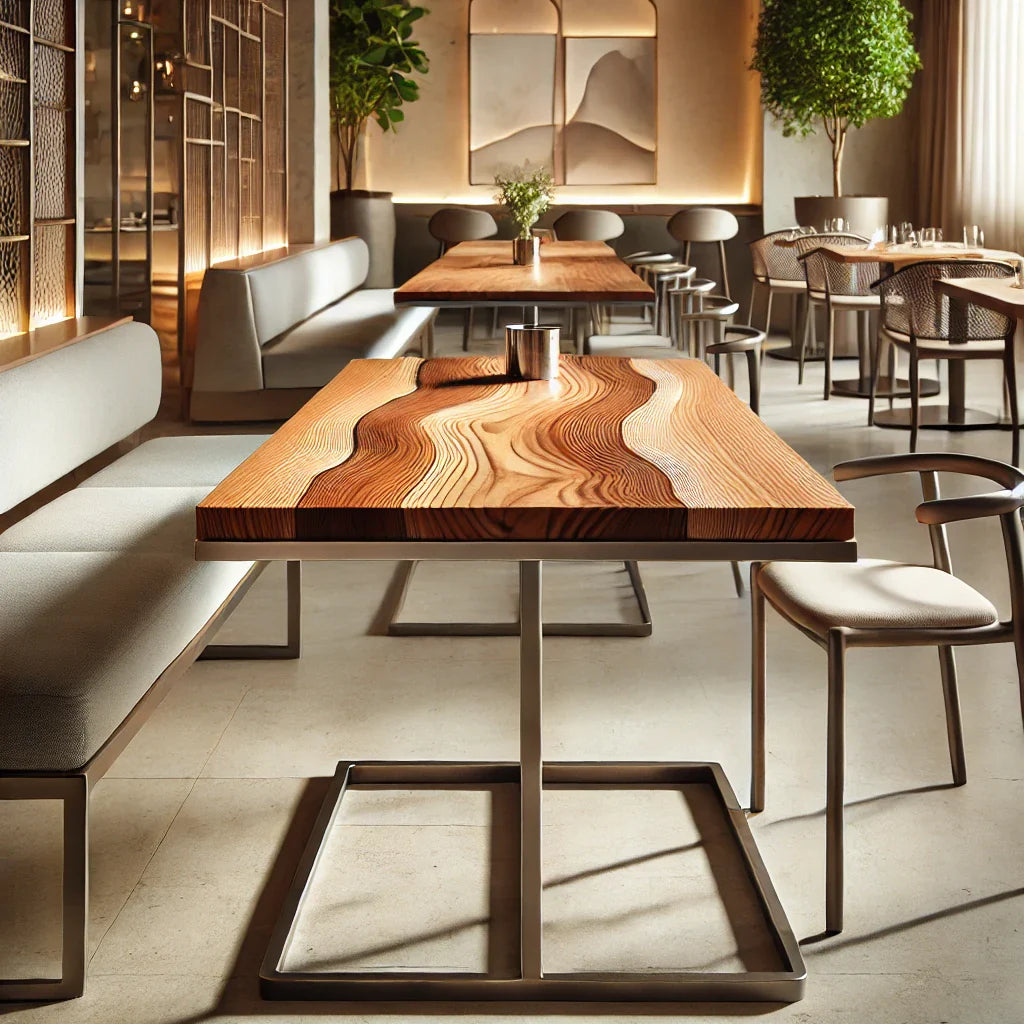 Tables by MFI with metal frames, wood and resin work