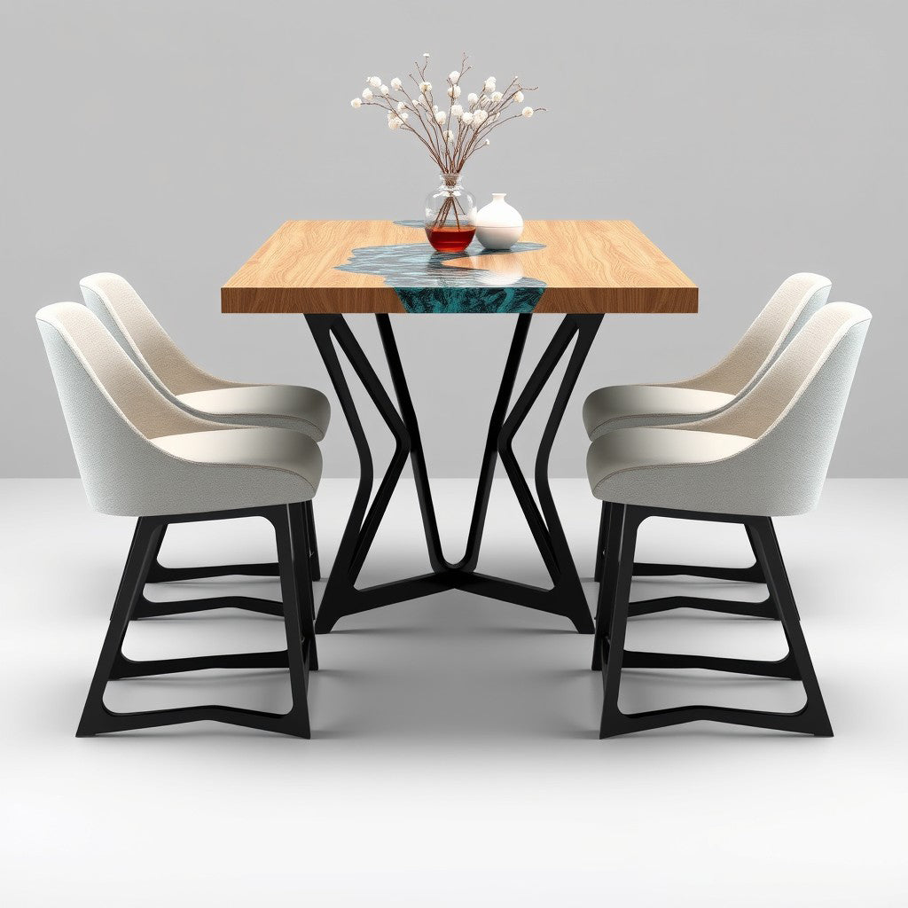 Tables by MFI with metal frames wood and resin work