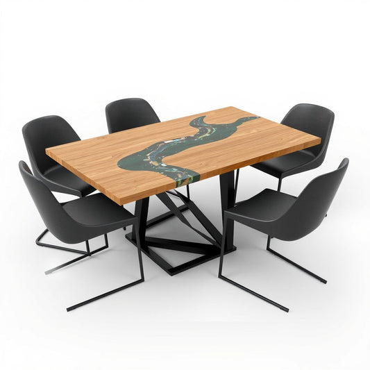 Tables by MFI with metal frames wood and resin work